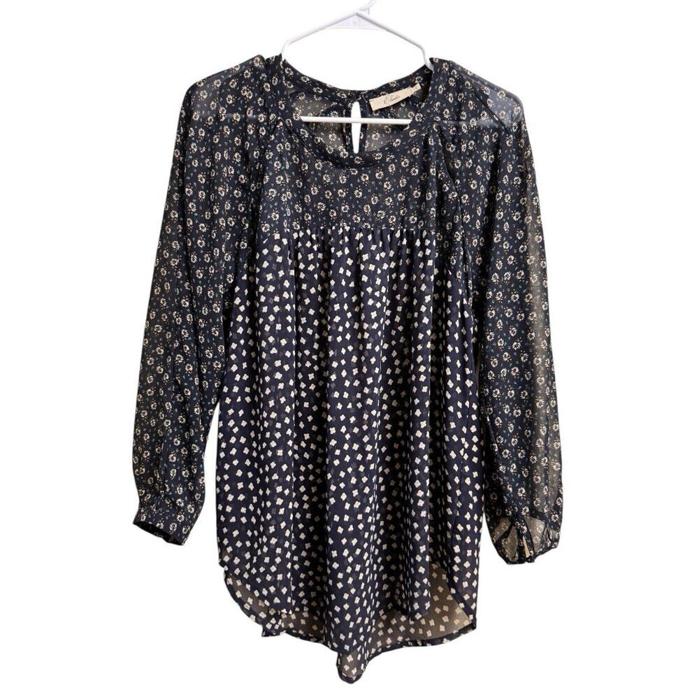Elodie Navy Blue Boho Print Sheer Blouse High Low Hem Long Sleeve Women’s M
